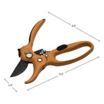 Orange pruning shears on white background with measurement callouts showing blade and handle dimensions