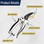 Product detail graphic of pruning shears with callouts for non-slip grips, aluminum design, and self-cleaning sap groove