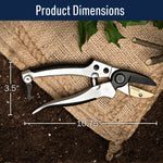 Product dimensions graphic of pruning shears laid on burlap and soil showing 10.75" length and 3.5" height measurements