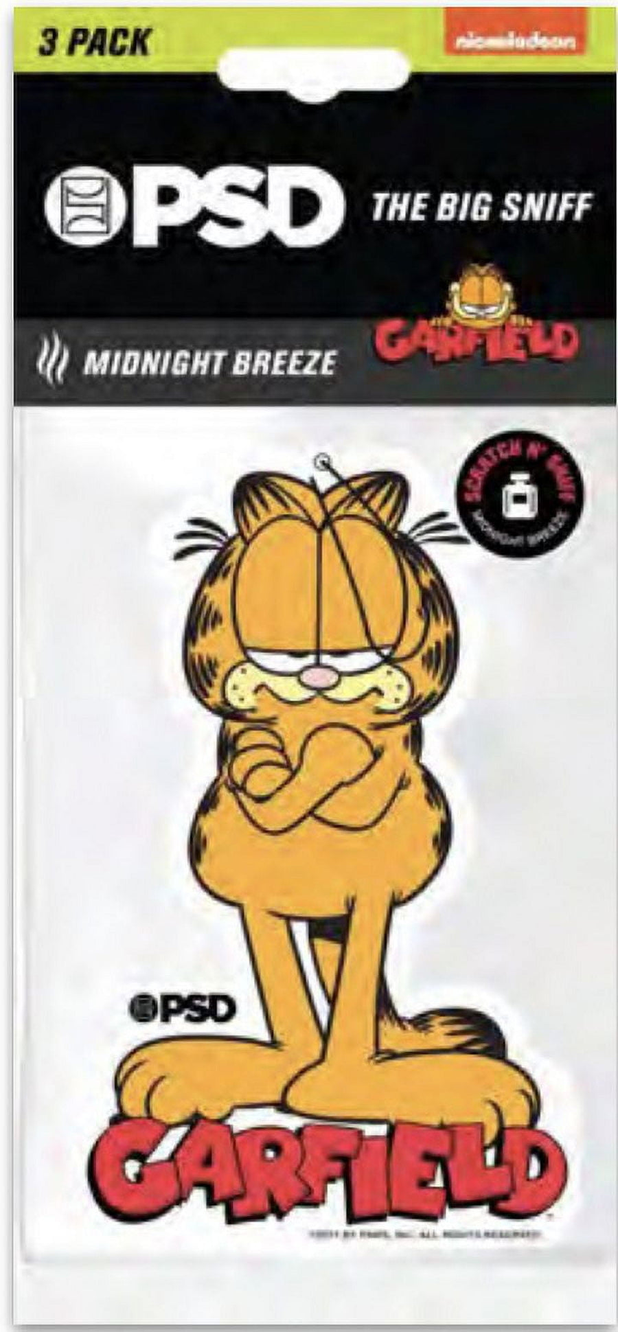 Packaged PSD ‘Garfield’ hanging air freshener card showing Garfield artwork and logo