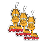 Three identical Garfield-shaped PSD hanging air fresheners shown side-by-side with cords