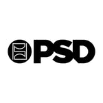 Black PSD logo on white background, bold letters with circular emblem to left