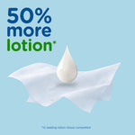 Close-up stylized tissue with a droplet of lotion above it and text proclaiming 50% more lotion on a light blue background