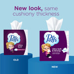 Side-by-side comparison graphic showing old and new purple Puffs tissue box designs with 'New look' headline