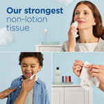 Collage showing adults and child using tissues with headline ‘Our strongest non-lotion tissue’ and product visuals