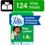 Puffs Plus Lotion rectangle tissue box graphic showing 124 total tissues and Puffs logo with child illustration