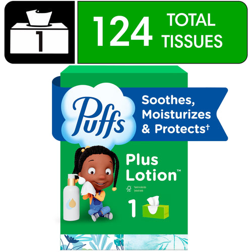 Puffs Plus Lotion rectangle tissue box graphic showing 124 total tissues and Puffs logo with child illustration
