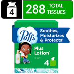 Green Puffs Plus Lotion multi-pack graphic showing a 288 total tissues banner and a cartoon child with lotion bottle