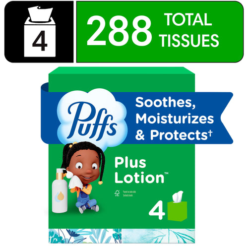 Green Puffs Plus Lotion multi-pack graphic showing a 288 total tissues banner and a cartoon child with lotion bottle
