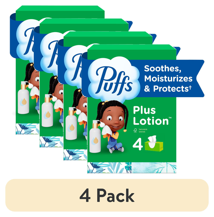 Four green Puffs Plus Lotion family-style tissue boxes shown in a staggered 4-pack arrangement