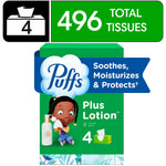 Single green Puffs Plus Lotion box with graphic banner showing 496 total tissues and a 4-pack icon