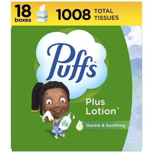Green Puffs Plus Lotion retail pack front with logo, character illustration and 'Gentle & Soothing' label