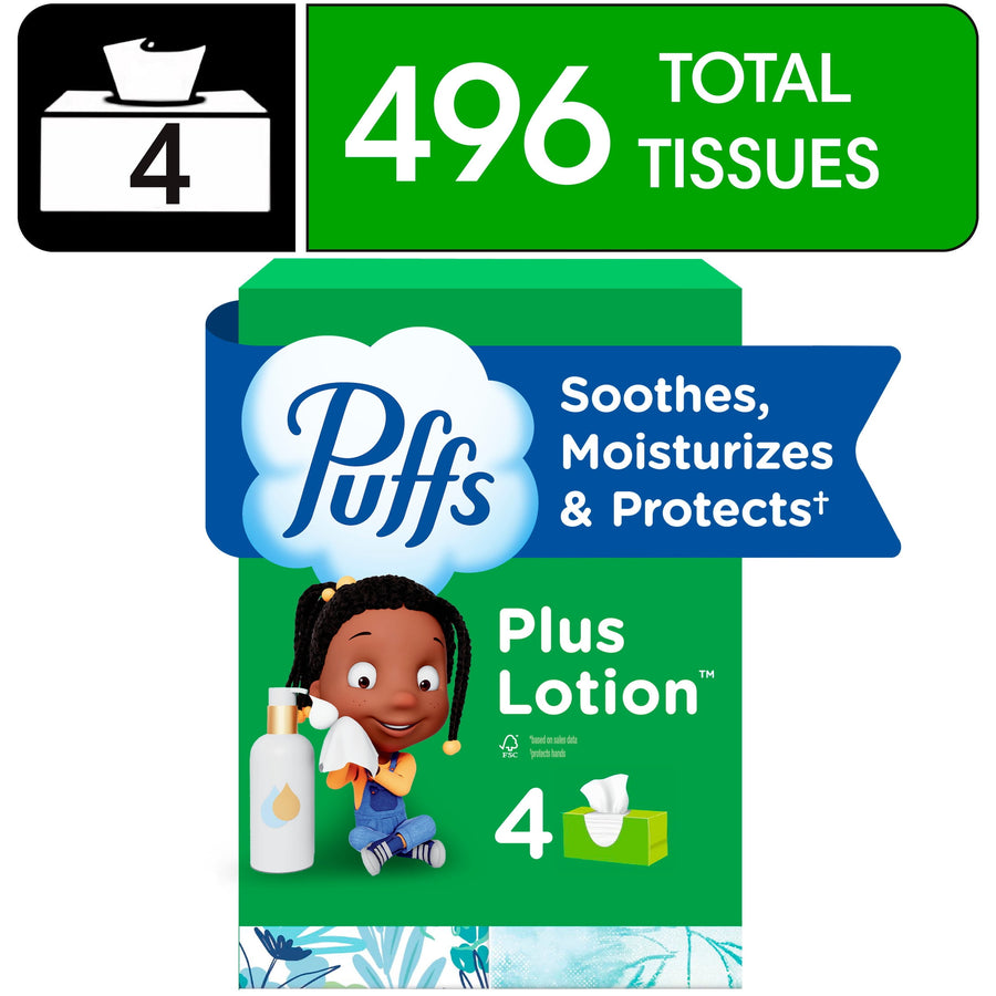 Green Puffs Plus Lotion package front with child mascot, lotion bottle graphic and '496 total tissues' banner