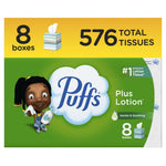 Puffs Plus Lotion green packaged multipack box front with 576 total tissues and illustrated child character