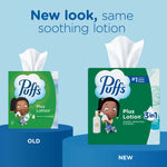 Comparison graphic showing old and new Puffs Plus Lotion box designs under the headline ‘New look, same soothing lotion’