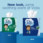 Side-by-side comparison of old (green) and new (blue) Puffs Plus Lotion cube boxes with tissues and 'new look' headline.