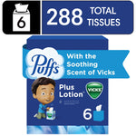 Blue Puffs Plus Lotion multi-pack graphic showing 288 total tissues, Vicks badge and a child mascot on box art