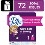 Graphic purple Puffs tissue cube package with cartoon girl and large '72 total tissues' banner