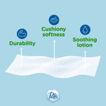 Illustrated tissue strip with icons and arrows highlighting durability, cushiony softness, and soothing lotion benefits