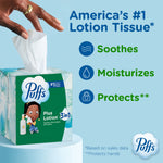 Hand pulling a tissue from a Puffs Plus Lotion cube beside infographic text listing soothes, moisturizes, protects