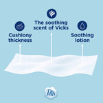 Graphic of a single tissue sheet with arrows pointing to 'Cushiony thickness', 'The soothing scent of Vicks', and 'Soothing lotion'.