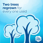 Graphic with two stylized trees and text 'Two trees regrown for every one used' with Puffs logo
