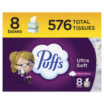 Puffs Ultra Soft branded purple pack graphic with large logo, 8 boxes and 576 total tissues callout