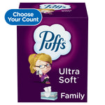Puffs Ultra Soft family box rendered on a purple background with brand cloud logo and cartoon girl holding a tissue
