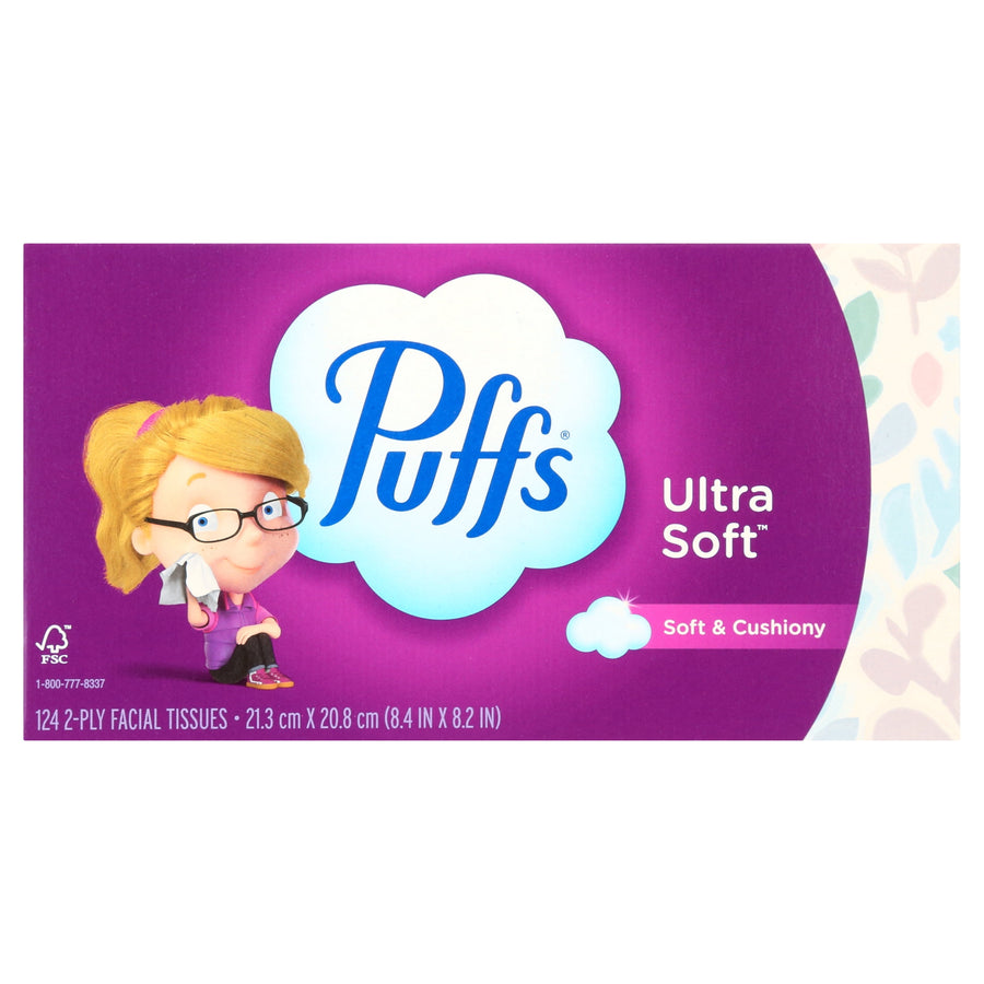 Purple Puffs Ultra Soft facial tissue box with brand cloud logo and cartoon character holding a tissue