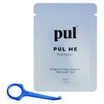 Blue PUL aligner removal tool displayed in front of branded resealable pouch reading “pul” and product name.