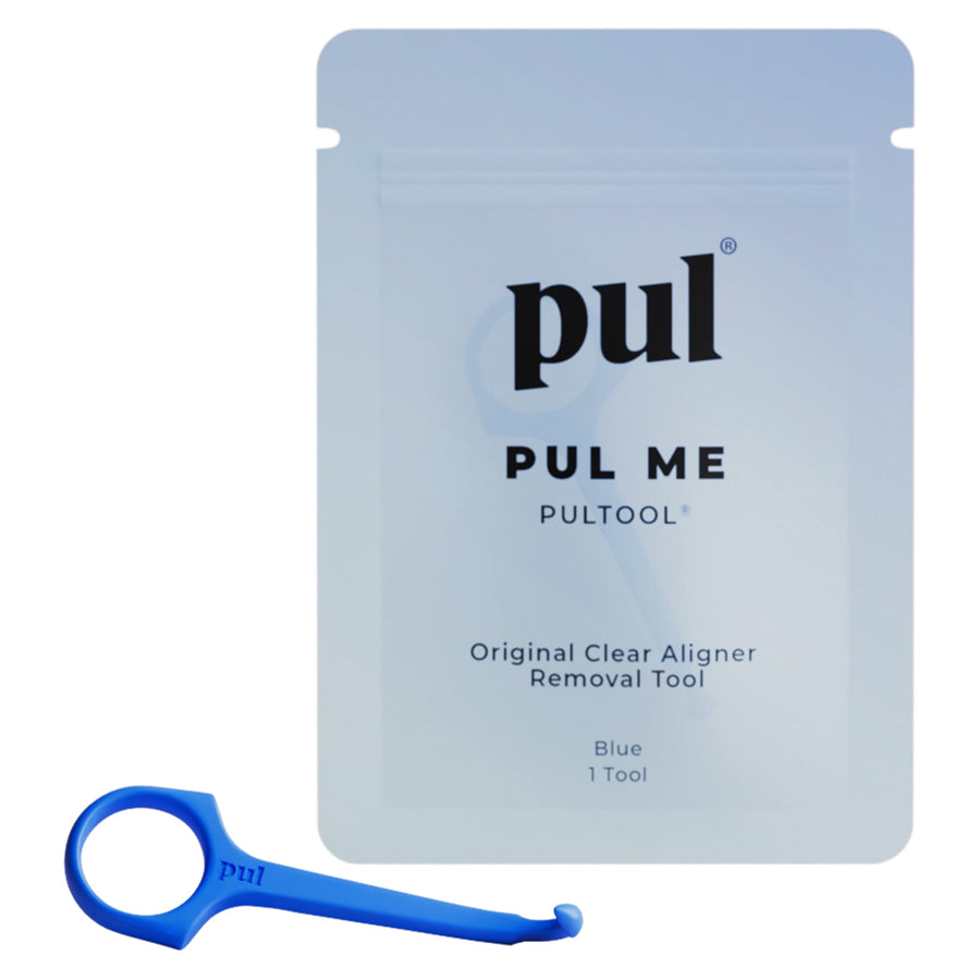 Blue PUL aligner removal tool displayed in front of branded resealable pouch reading “pul” and product name.