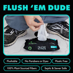 Lifestyle shot of a person pulling a wipe from a DUDE Wipes Mint Chill pack on the floor with product feature badges below