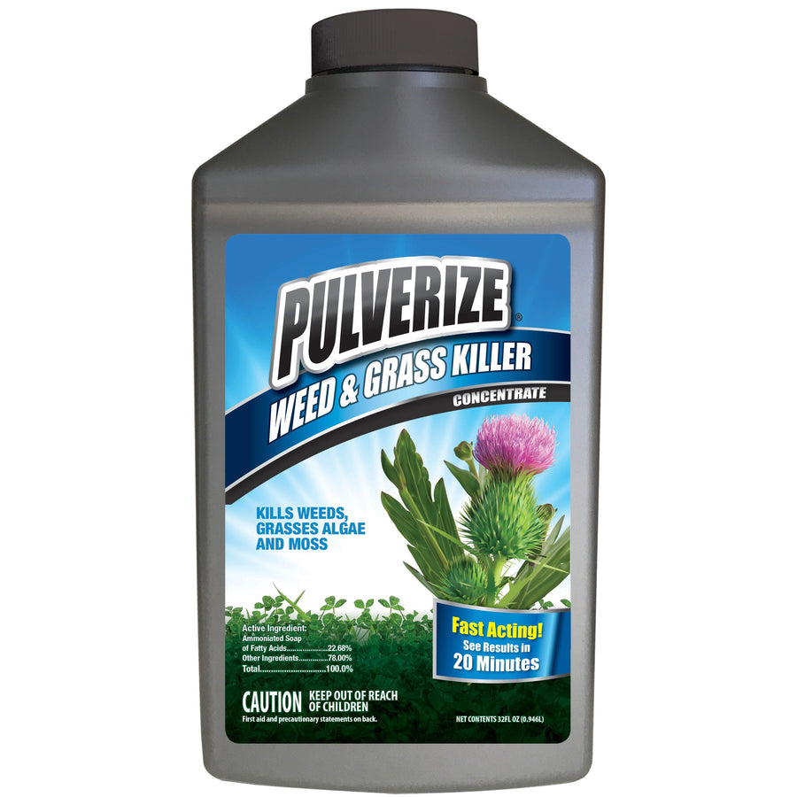 Gray plastic bottle labeled Pulverize Weed & Grass Killer concentrate with thistle graphic