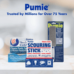 Pumie brand banner with three product packages displayed on a blurred countertop background