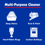 Blue infographic panel showing multi-purpose cleaner icons for deep stains, rust, hard water rings and carbon