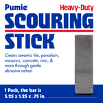 Pumie scouring stick packaging art with product image, large SCOURING STICK text and size callout