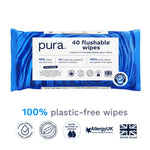 Single blue pack of Pura flushable wipes showing product label, icons and '40 flushable wipes' text