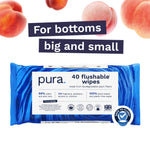 Blue pack of Pura flushable wipes beneath header text 'For bottoms big and small' with peach graphics