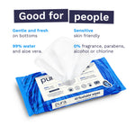Opened blue pack of Pura wipes with a wipe pulled out and overlay text 'Good for people' plus benefits