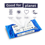 Opened Pura wipes pack with a pulled wipe and icons promoting planet-friendly credentials and benefits