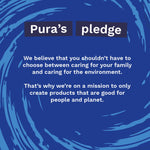 Blue graphic panel with Pura's pledge text about creating products good for people and planet
