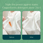 Before-and-after comparison showing an orange stain on a white shirt left and a cleaned shirt right with Puracy branding and claim about outperforming detergent.