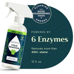 Spray bottle of Puracy Stain Remover next to a circular badge highlighting "Powered by 6 Enzymes" and Good Housekeeping award.