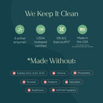Informational graphic listing product attributes and "Made Without" icons such as sulfates, chlorine, phosphates and artificial fragrance.