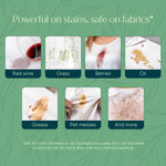 Grid of stain examples (red wine, grass, berries, oil, grease, pet messes) labeled to show Puracy stain remover effectiveness on fabrics.