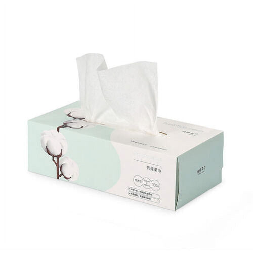 Rectangular mint-green and white PurCotton tissue box with a cotton plant illustration and a tissue pulled from the top.