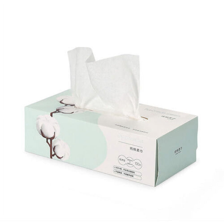 Rectangular mint-green and white PurCotton tissue box with a cotton plant illustration and a tissue pulled from the top.