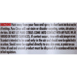 Close-up of product directions and warning text from a spray can label, black and red text on white background.