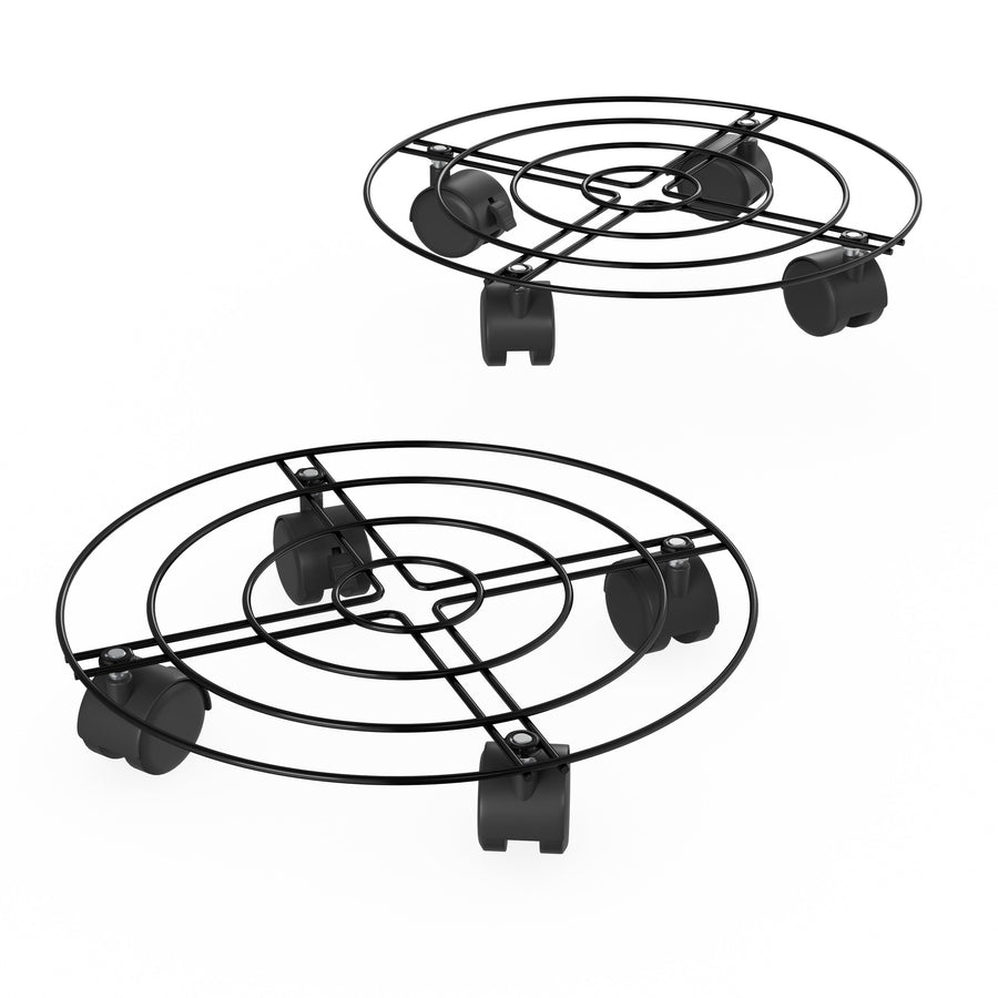 Two black round metal plant caddies with concentric ring design and caster wheels