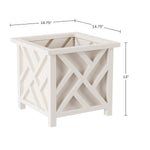 White lattice planter with dimension lines indicating 14.75-inch width and 13-inch height on a white background